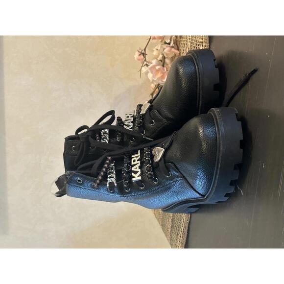 Karl Lagerfeld Shoes - Karl Lagerfeld Black Leather Combat Boots with Logo Charm